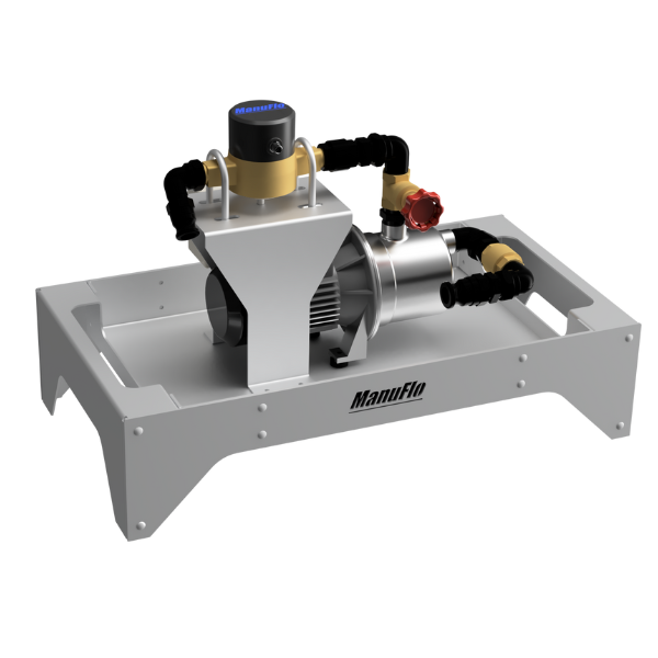 Flow meter system featuring a motor, pipes, and valves, designed by ManuFlo.