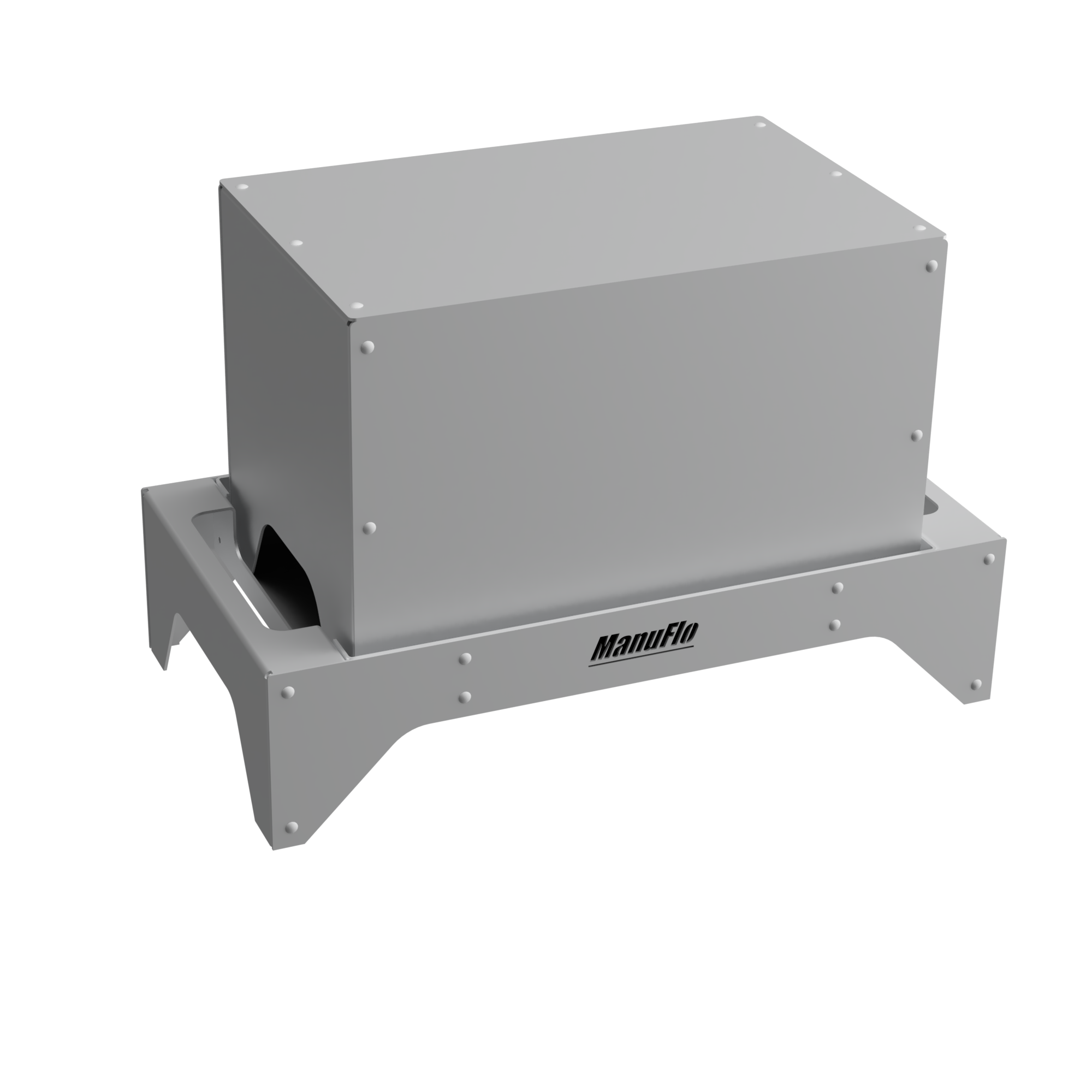 A gray flow meter enclosure with a rectangular shape and a base labeled ManuFlo.