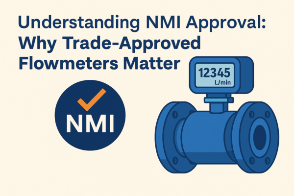 Illustration of a flowmeter with a digital display showing flow rate and NMI logo.