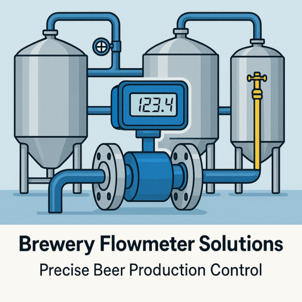 Illustration of brewery flowmeter solutions with tanks and a digital display showing a measurement.