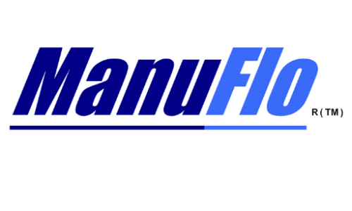 Logo of ManuFlo featuring the text 'Go with the Flow' in blue and white.