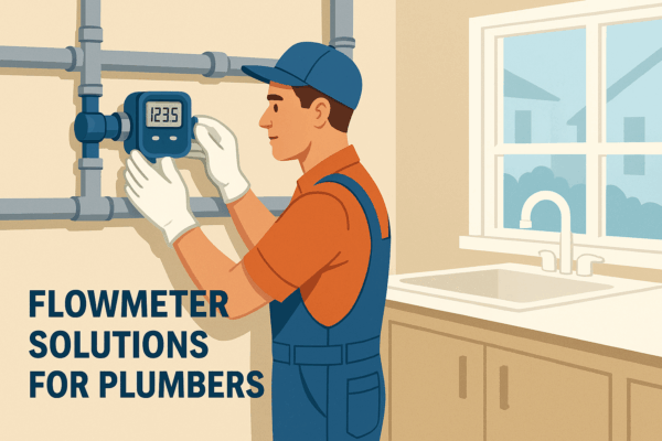 Plumber installing a flowmeter on a pipe in a residential setting with a sink in the background.