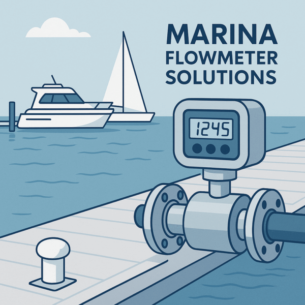 Illustration of a flowmeter device with a boat and dock in the background.