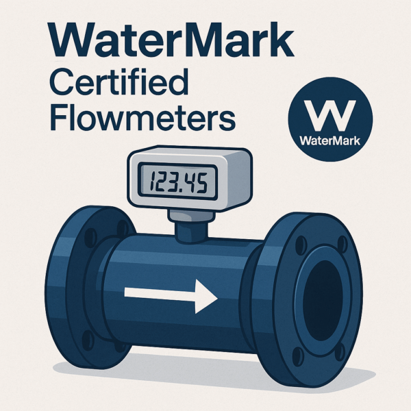 Illustration of a WaterMark certified flowmeter with a digital display on a pipe.