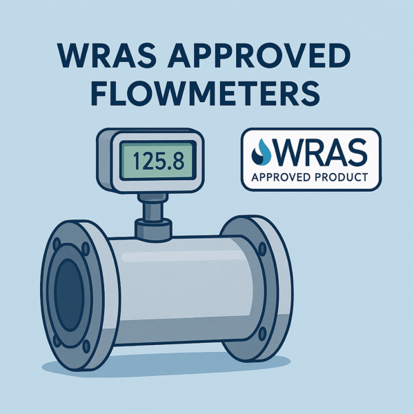 Illustration of a WRAS approved flowmeter with a digital display showing a reading of 125.8.